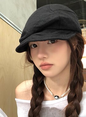 日本RX复古棉麻褶皱前进贝雷帽女春季显脸小报童帽八角云朵帽子