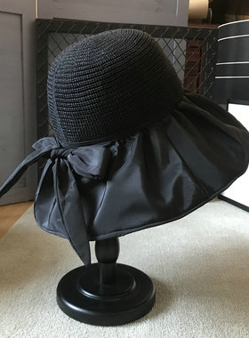 日本RX黑胶镂空渔夫帽子女防晒遮阳日系蝴蝶结百搭户外大檐太阳帽