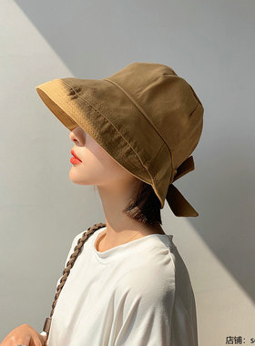 日本RX春夏帽子女蝴蝶结渔夫帽日系遮脸防晒帽纯色宽檐遮阳盆帽