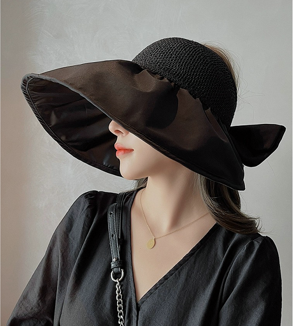 日本春夏黑胶镂空渔夫空顶遮阳帽