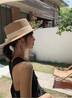 日本RX网红夏天帽子女防晒遮阳平顶草帽百搭草编大檐沙滩度假礼帽
