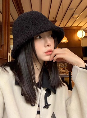 RX日本冬天摇粒绒黑色渔夫帽子女加厚护耳羊毛显脸小遮脸盆帽潮
