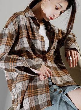 秋冬纯棉格子磨毛打底衬衫女