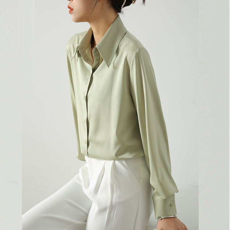 缎面衬衫女夸张袖子2022春夏设计感小众上衣高级感果绿色醋酸衬衣