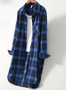 蓝色格子衬衫女秋新款长款上衣开衫宽松加厚小众原创衬衣韩版外套