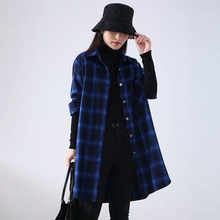 通勤中长款 春秋新款 女韩版 宝蓝色磨毛格子衬衫 精致衬衣外套 长袖