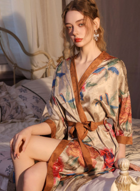 新中式真丝缎面家居服国风浴袍古风广袖睡袍女夏桑蚕丝春秋晨袍女