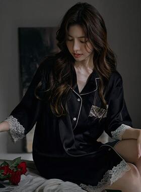 夏季真丝衬衫睡裙男友风黑色性感薄款丝绸中袖睡衣女桑蚕丝可外穿