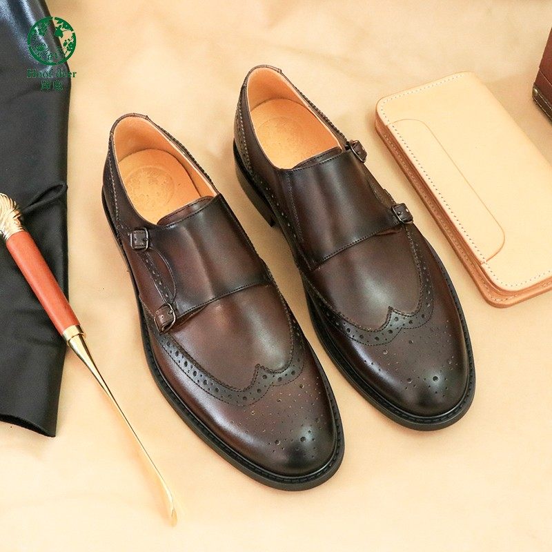 布洛克复古雕花皮鞋圆头商务正装真皮黑色手工双搭扣孟克僧侣鞋男
