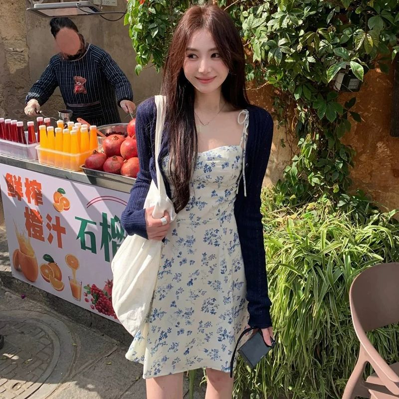 法式高级感碎花吊带连衣裙套装