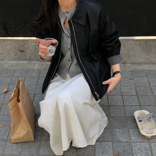 FB时髦质感黑色翻领袖 皮衣外套SPG95051 口翻边宽松阔版