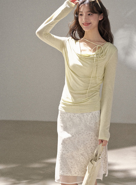 FUTURE BEATS 法式气质荡领系绳打底衫褶皱收腰长袖内搭T恤上衣