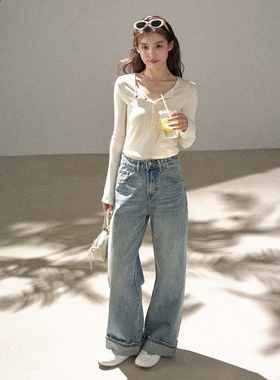 FUTURE BEATS 复古重磅水洗直筒磨毛卷边牛仔裤100棉做旧百搭长裤