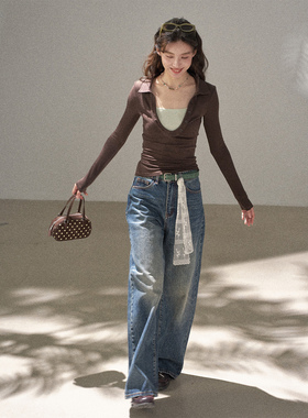 FUTURE BEATS 重工复古水洗直筒牛仔裤廓形宽松休闲拖地长裤女