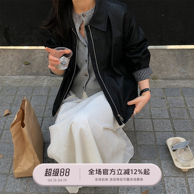 【现货】FUTURE BEATS 时髦质黑色翻领袖口翻边宽松阔版皮衣外套