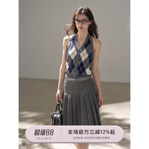 菱形格薄款挂脖针织背心