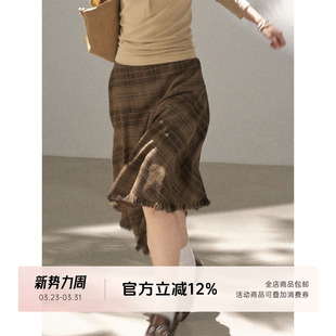FUTURE 美拉德复古格纹不规则设计斜边中长裙百搭半身裙 BEATS