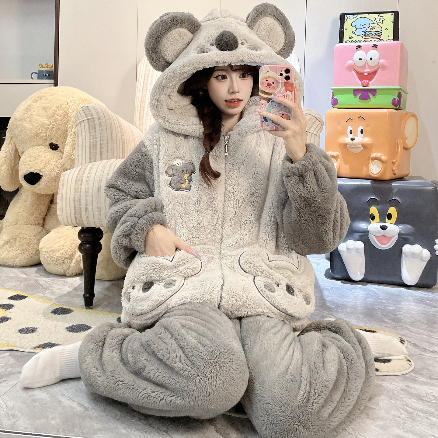 珊瑚绒睡衣女款秋冬季加绒加厚学生冬天大码胖mm200斤家居服套装