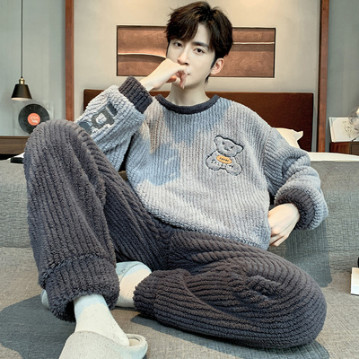 加绒加厚蓄热保暖男生睡衣两件套