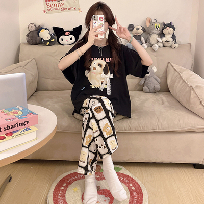 100%纯棉女款睡衣短袖长裤套装