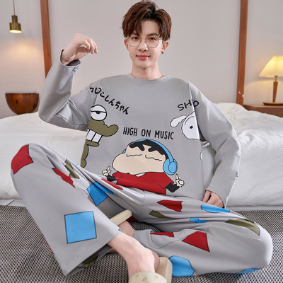 100%纯棉男士睡衣春秋款长袖套装