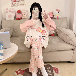 胖mm少女hellokitty家居服 大童初中生春秋加大码 睡衣女款 纯棉长袖