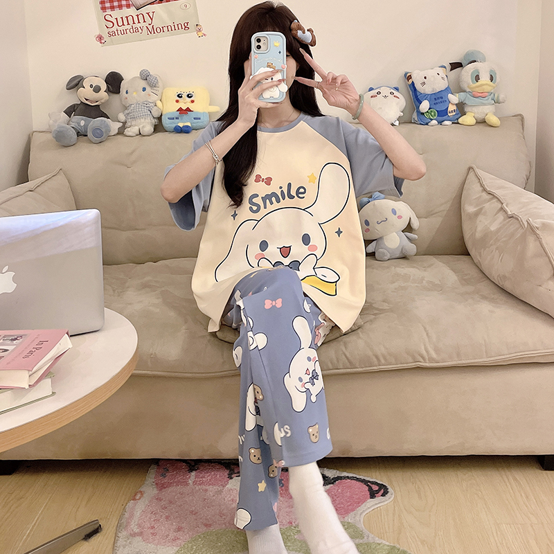 2025新款睡衣女孩纯棉夏季短袖长裤大童学生女款加大码家居服套装