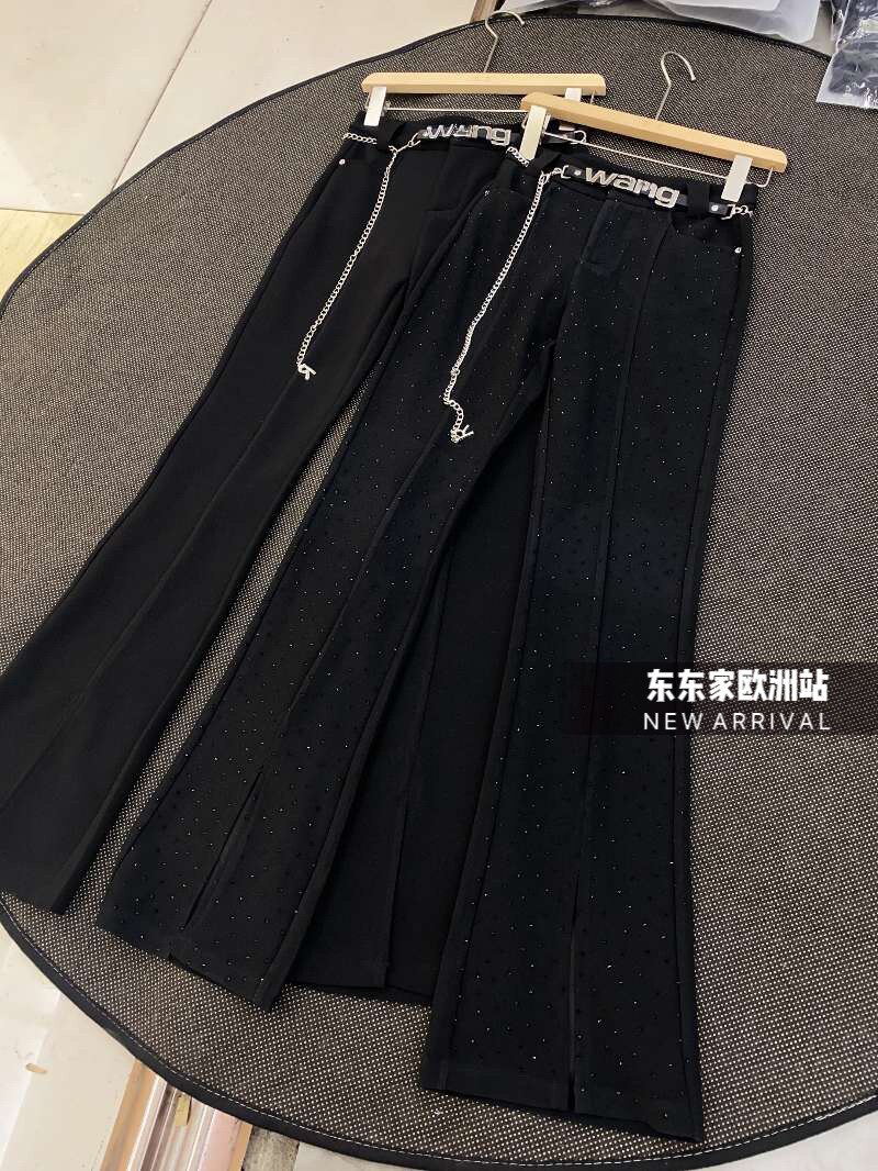 欧洲站全身水钻银色字母腰链前开叉微喇西裤大长腿筷子裤显瘦神器