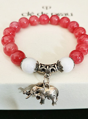 天然粉红色红纹玉圆珠手链酷似红纹石招桃花水晶手串招财小象礼物