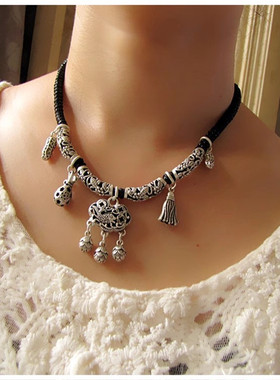 复古原创设计翘尾鱼平安锁文艺项链黑绳项圈编织颈链做旧锁骨链女