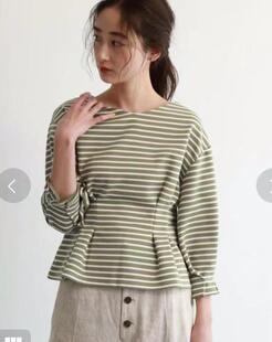 外贸日单小V领横条纹T恤横条纹收腰束口修身显瘦七分袖女子上衣春