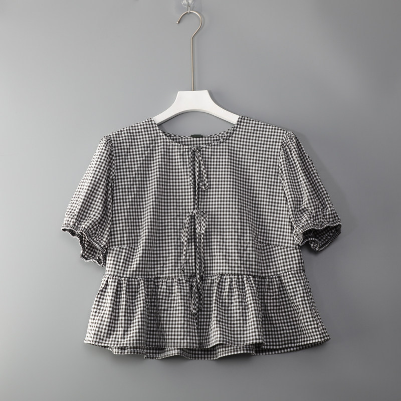 出老美~女装夏装新品薄款透气舒适细带圆领细格子女式短袖衬衫
