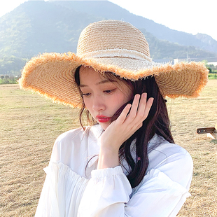 大檐拉菲草帽子女春夏天沙灘度假防曬遮陽帽巴拿馬禮帽海邊太陽帽