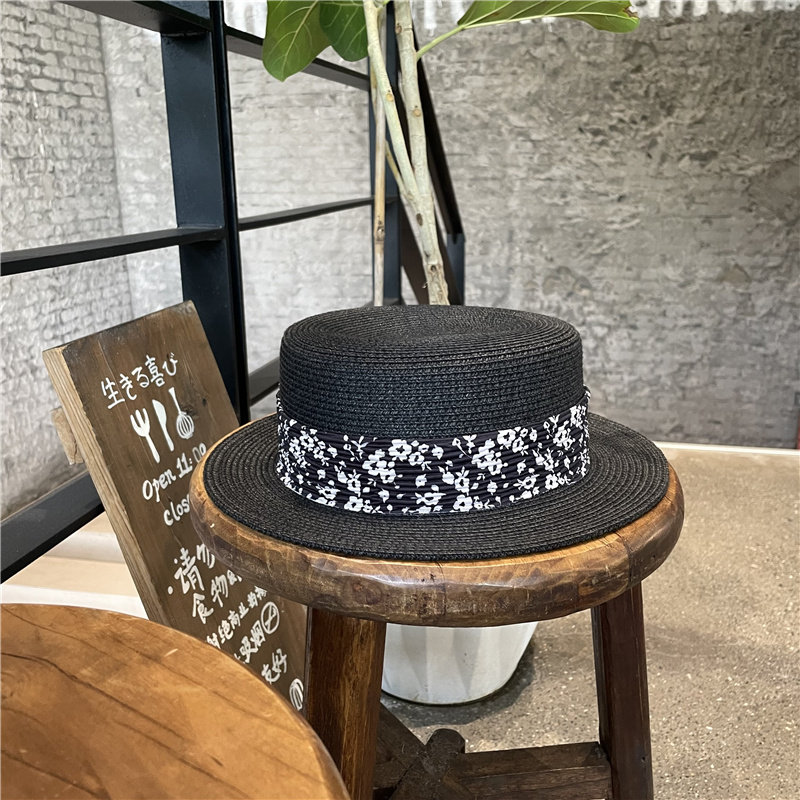 帽子女夏天法式平顶草帽礼帽平沿防晒遮阳休闲百搭度假帽碎花日系