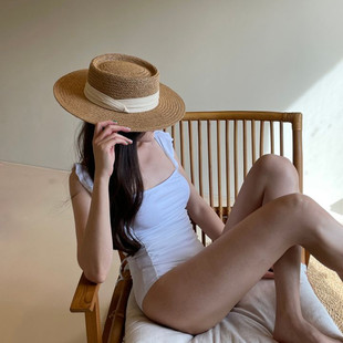 平沿帽子女夏海边平顶草帽沙滩法式度假遮阳防晒巴拿马草编织礼帽