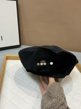 丝绒贝雷帽小香风网红同款ins潮黑色蓓蕾帽子女画家帽复古秋冬