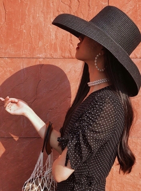 huifeng女神同款帽子钟型宽檐纸草帽复古赫本风出游凹造型遮阳帽