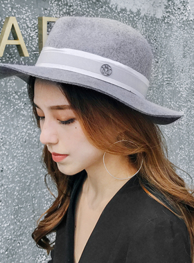 秋冬M标 英伦爵士混麻灰色羊毛呢大宽檐平沿礼帽 帅气男女士毡帽