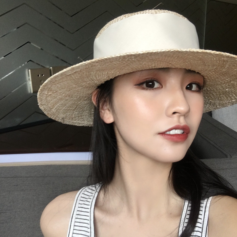 欧美海边平顶草帽女夏透气女时尚优雅礼帽遮阳帽宝草度假防晒帽子