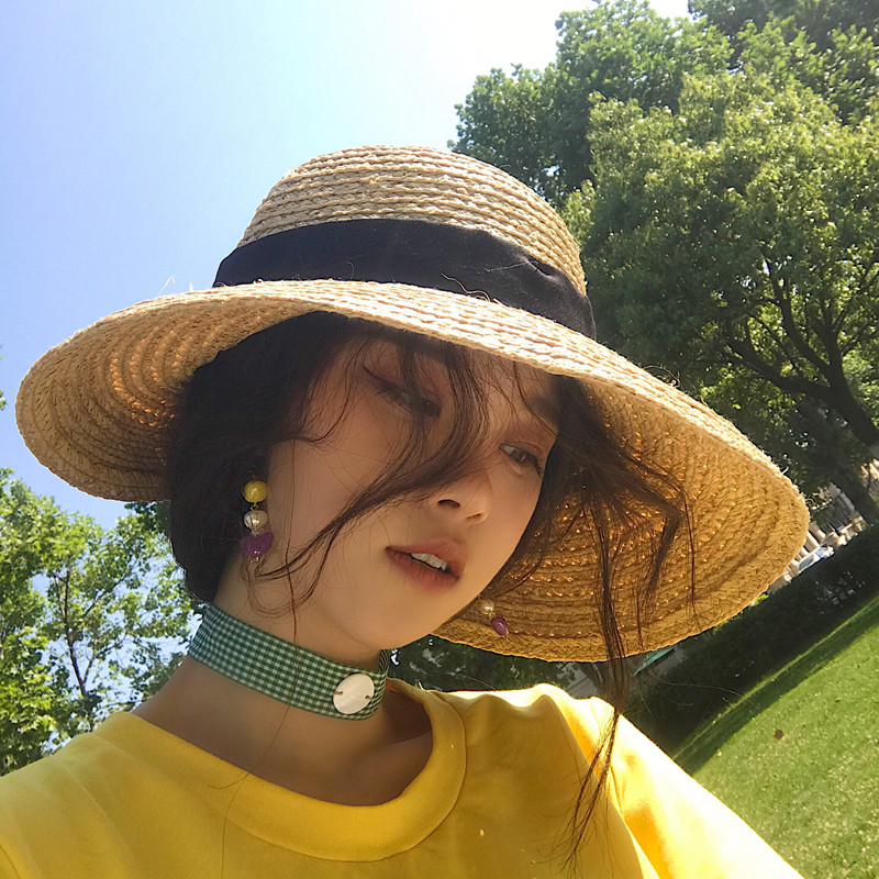 赫本风大檐拉菲草帽子女夏天沙滩度假海边太阳帽小清新防晒遮阳帽
