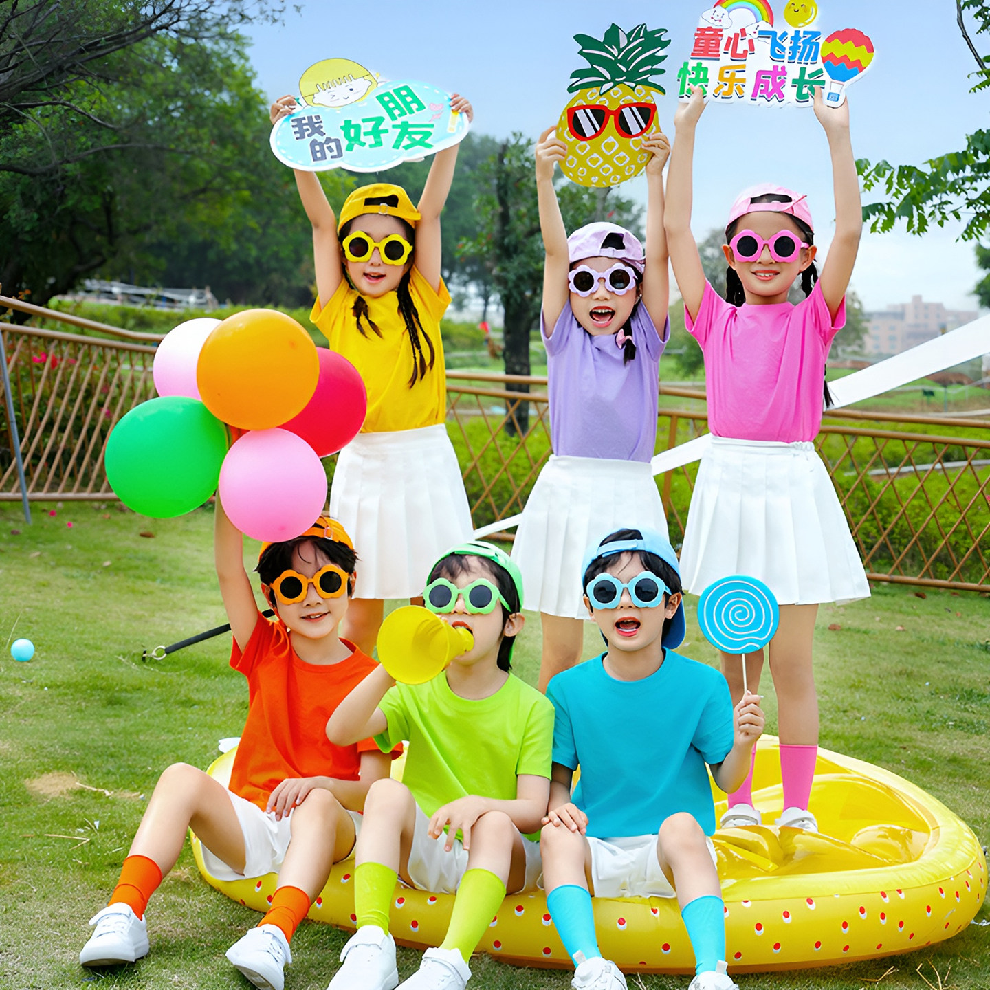 儿童糖果彩色纯棉T恤小学生幼儿园六一儿童节演出服男女套装班服