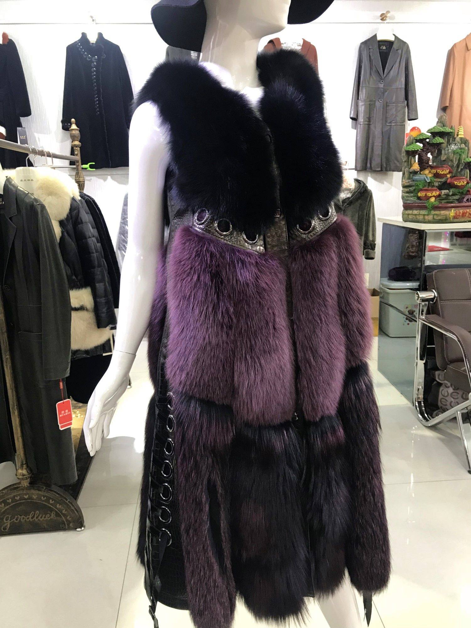 整皮进口银狐走秀大牌狐狸毛皮草马甲高档上皮草外套中长款