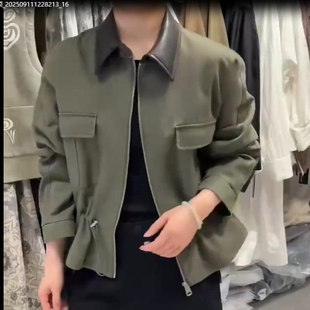 韩系撞色皮领短外套2025秋装新款女装时尚下摆抽绳小外套