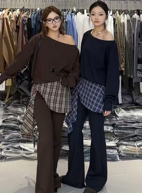 斜肩卫衣喇叭裤套装格子裙屁帘2026春装新款女装时尚空气棉两件套
