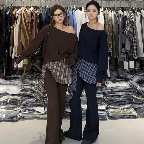 斜肩卫衣喇叭裤屁帘时尚女套装