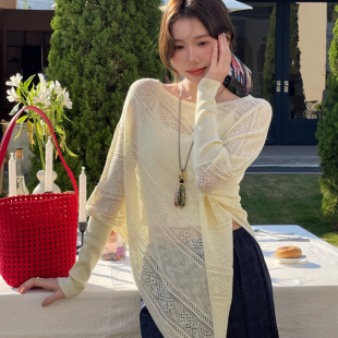 2026防晒显瘦不规则晒针织衫 一字领蝙蝠袖 镂空罩衫