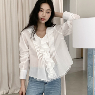 复古衬衫 显瘦衬衫 2026春装 女装 新款 荷叶边V领长袖