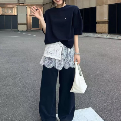 春夏女短袖阔腿裤蕾丝裙两件套
