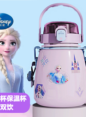 迪士尼爱莎公主大肚保温杯上学专用水杯一年级吸管大容量双饮儿童