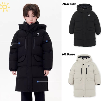 超值款！正品MLB男女童25新款热反射巨保暖大长款连帽鹅绒羽绒服